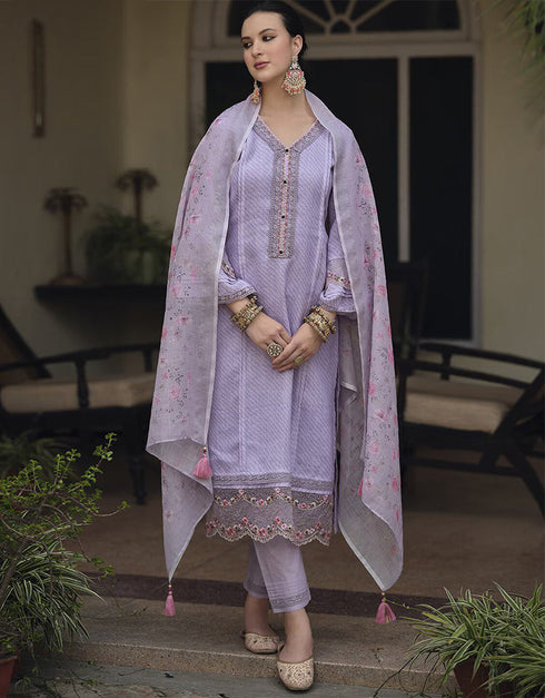 Trendy Pakistani Style Salwar Kameez Pastel Purple Linen Pant Straight Front View